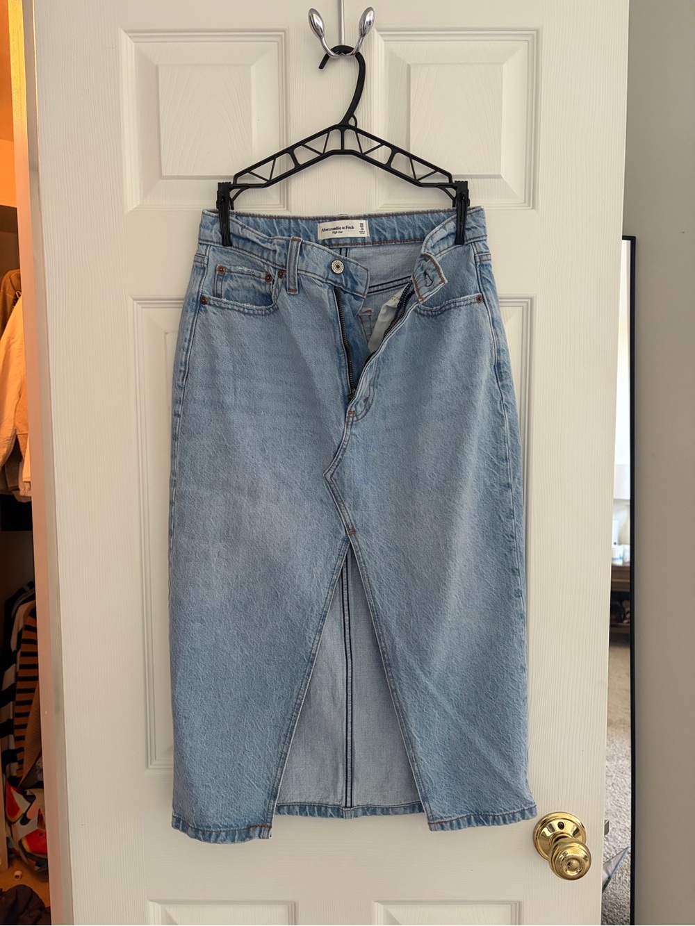 Abercrombie & Fitch Light Blue Denim Straight-Leg Skirt with Slit